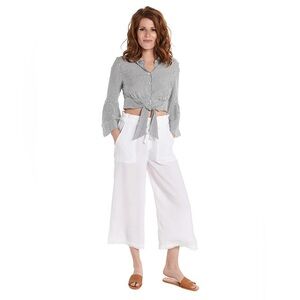 BELLA DAHL Frayed Crop Wide Leg White Linen Pants Smocked Waist Size XS